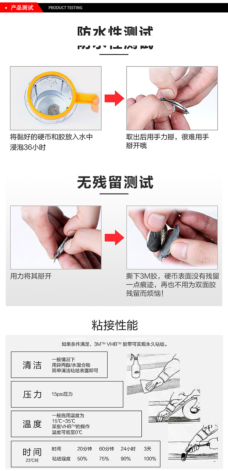 3MVHB通用型丙烯酸泡棉膠帶49系列防水測試、無殘留測試、粘接性能